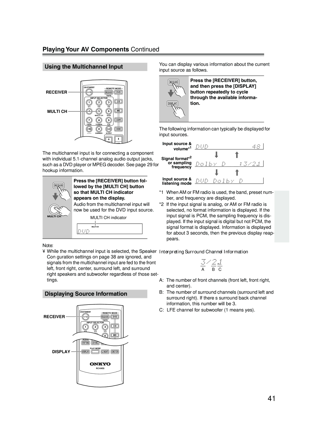 Onkyo HT-S4100 instruction manual Playing Your AV Components, Using the Multichannel Input, Displaying Source Information 