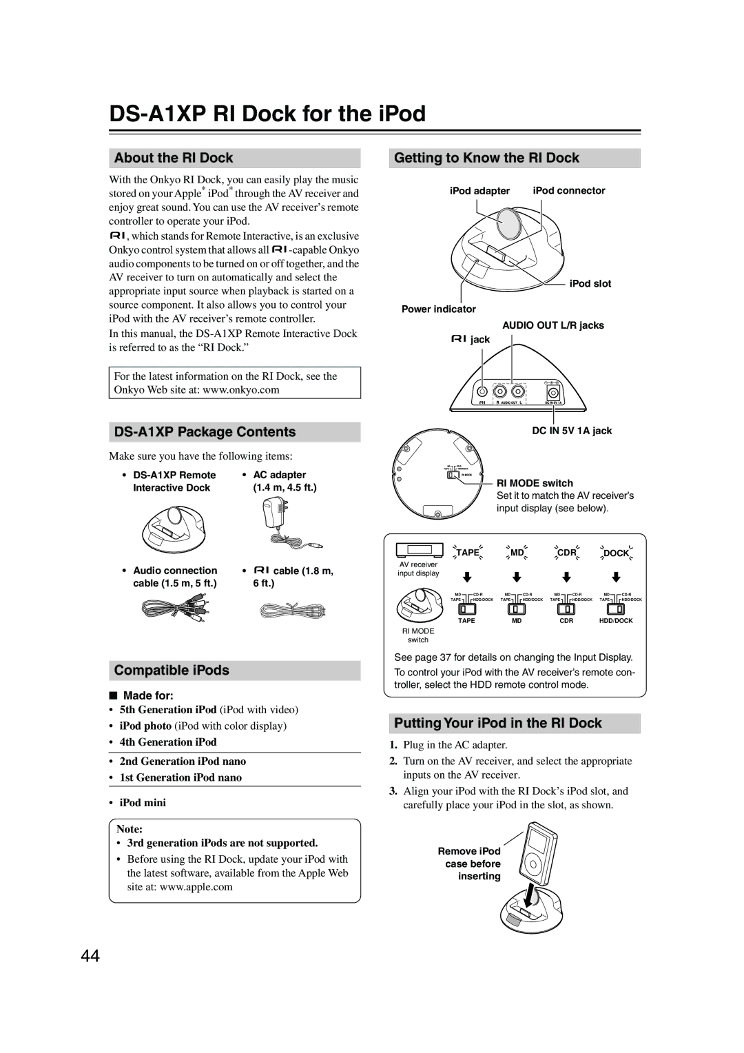 Onkyo HT-S4100 instruction manual DS-A1XP RI Dock for the iPod 