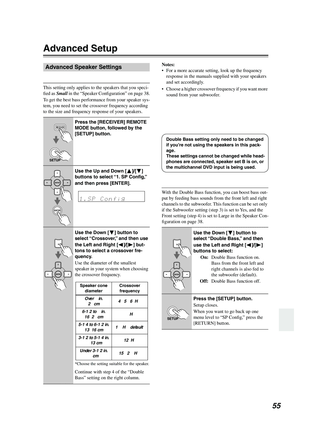 Onkyo HT-S4100 instruction manual Advanced Setup, Advanced Speaker Settings, Crossover Frequency, Double Bass 