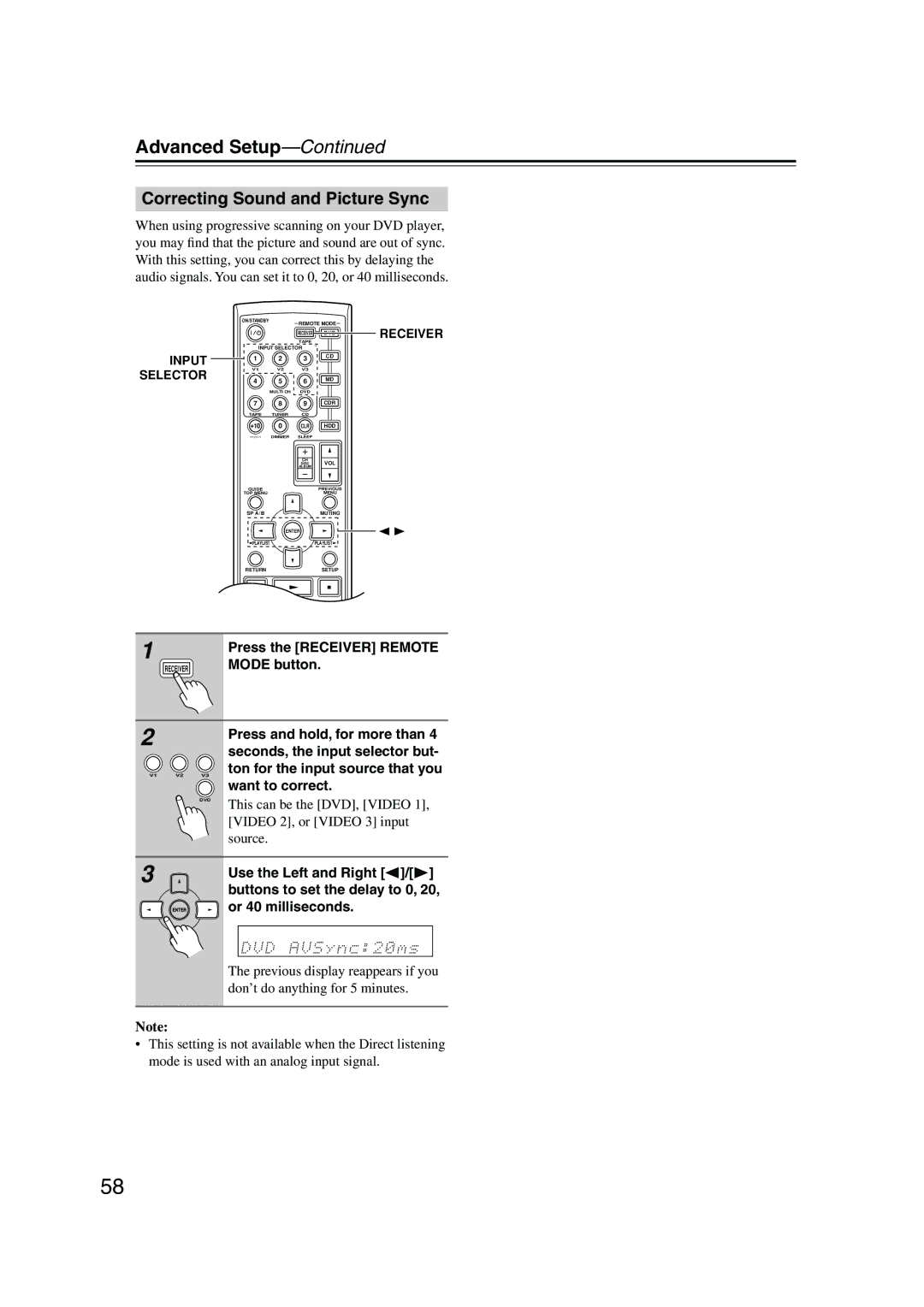 Onkyo HT-S4100 instruction manual Correcting Sound and Picture Sync, Press the Receiver Remote Mode button, Input Selector 