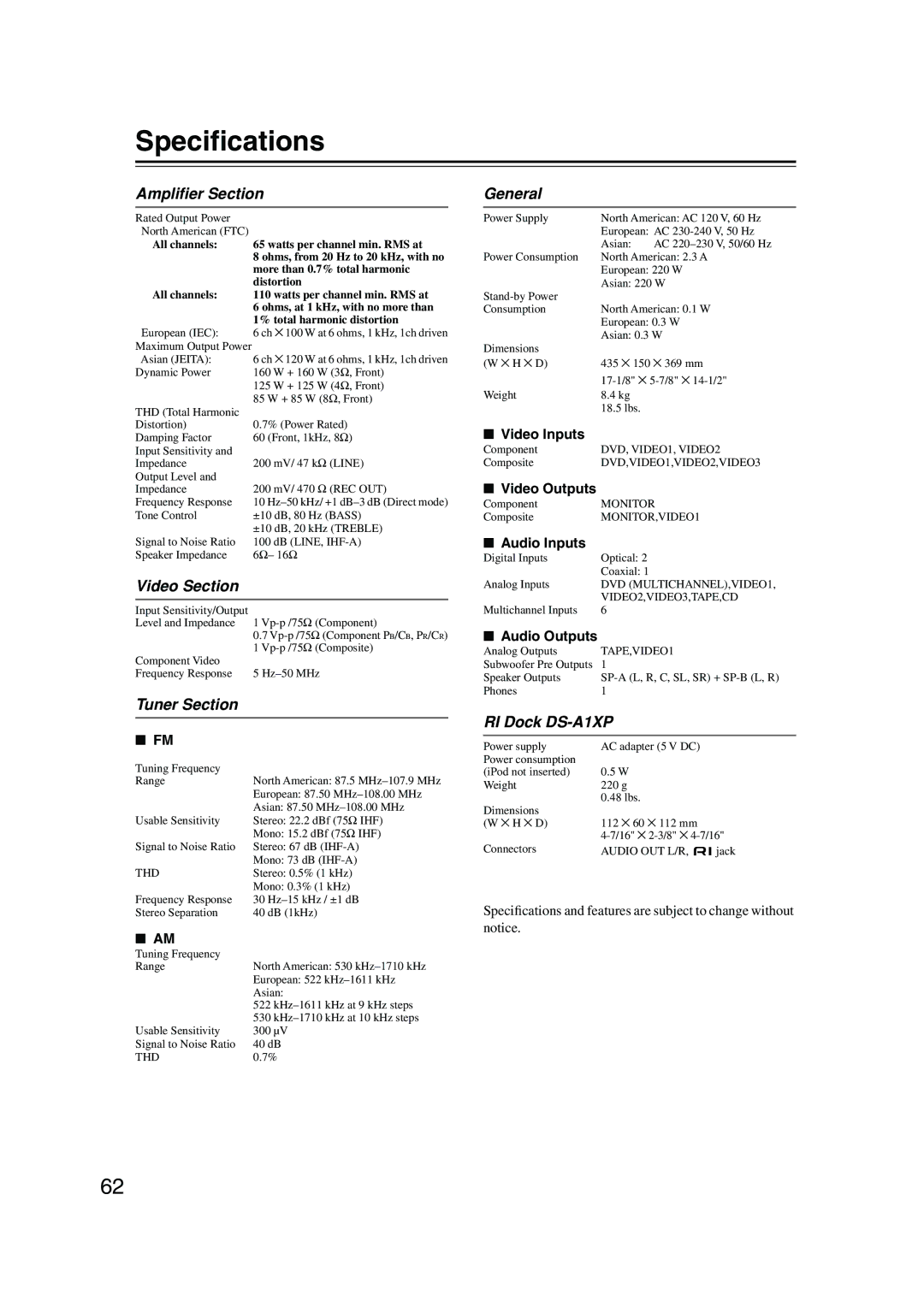 Onkyo HT-S4100 instruction manual Speciﬁcations 