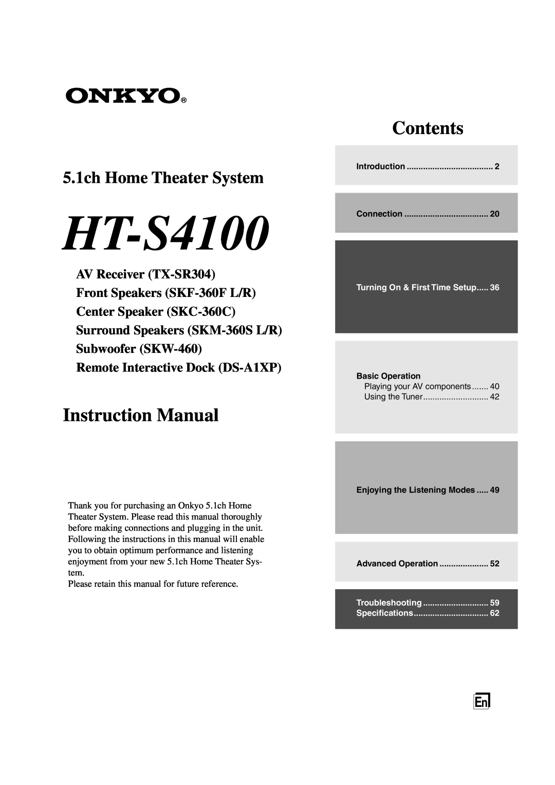Onkyo HT-S4100 instruction manual Contents, 5.1ch Home Theater System, AV Receiver TX-SR304 Front Speakers SKF-360FL/R 