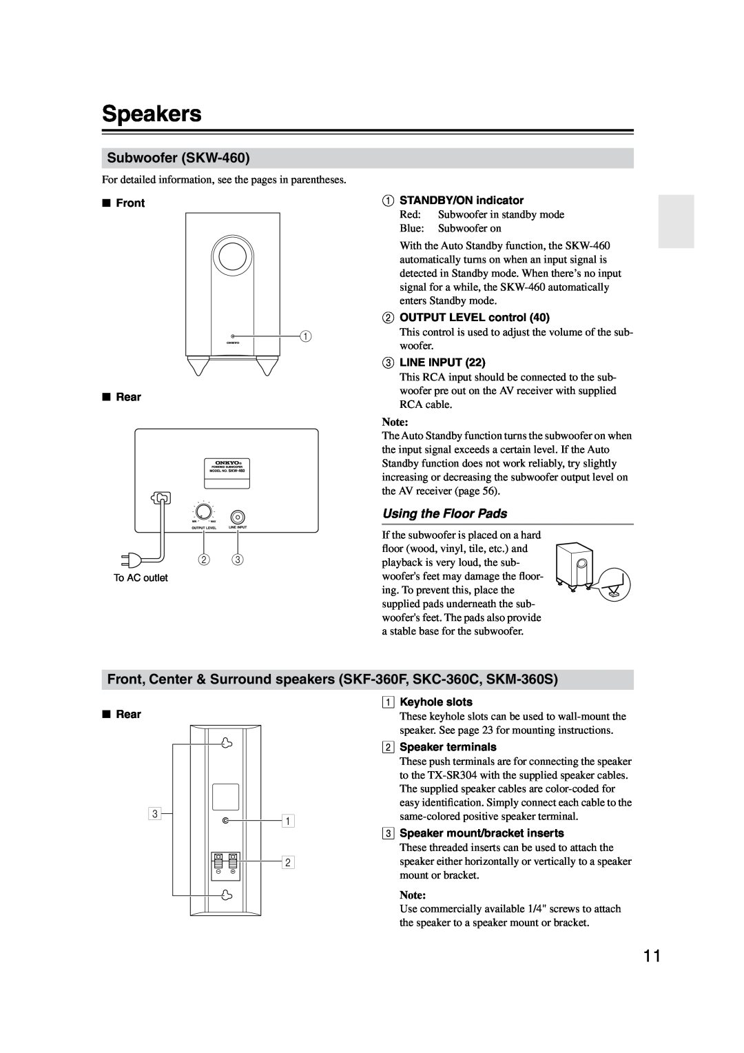 Onkyo HT-S4100 instruction manual Speakers, Subwoofer SKW-460, Using the Floor Pads 