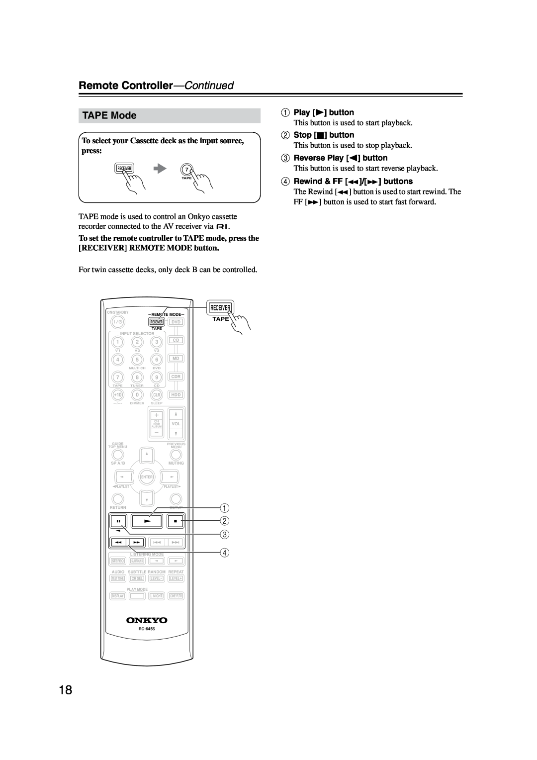 Onkyo HT-S4100 instruction manual Remote Controller-Continued, TAPE Mode 