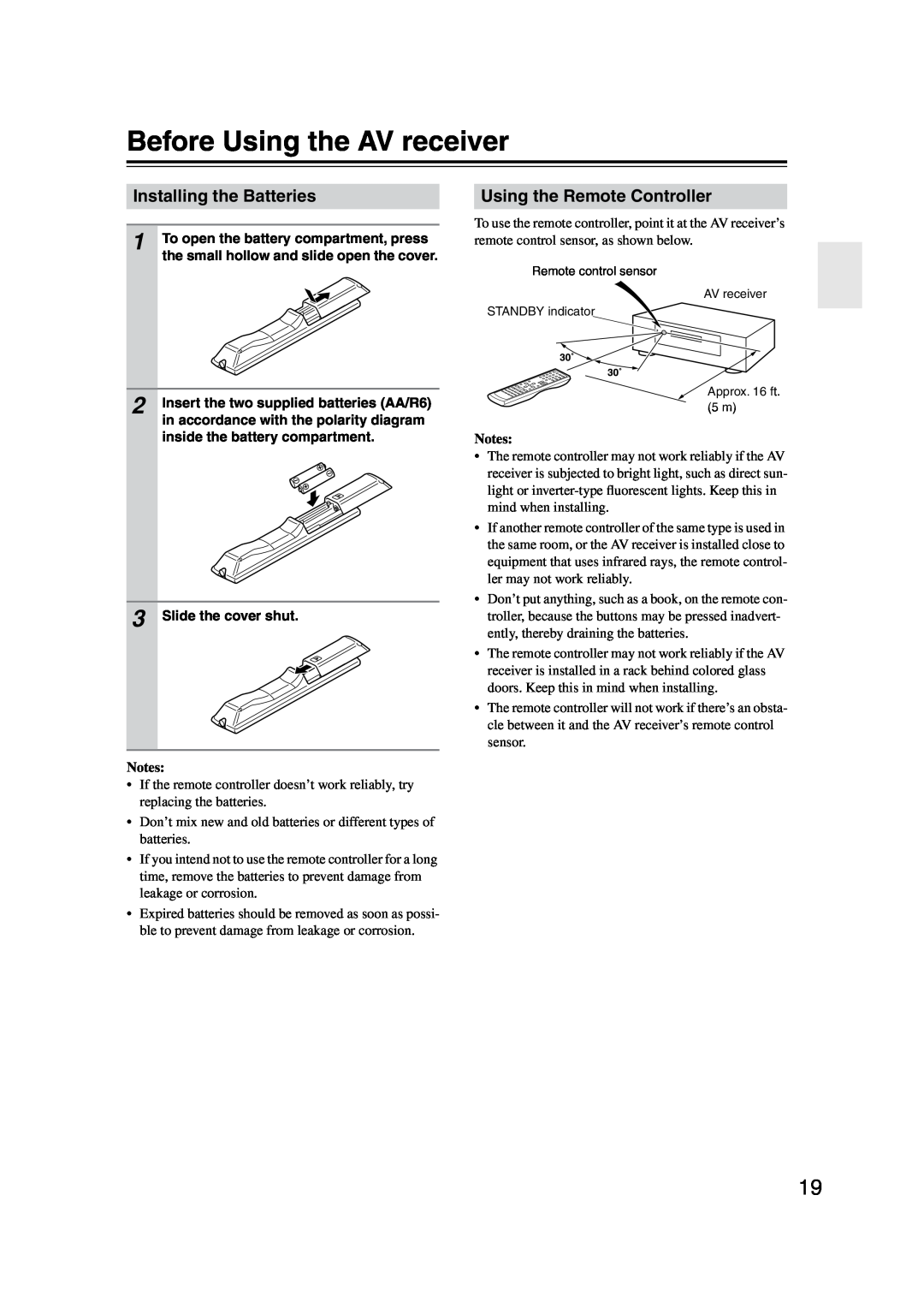 Onkyo HT-S4100 instruction manual Before Using the AV receiver, Installing the Batteries, Using the Remote Controller 