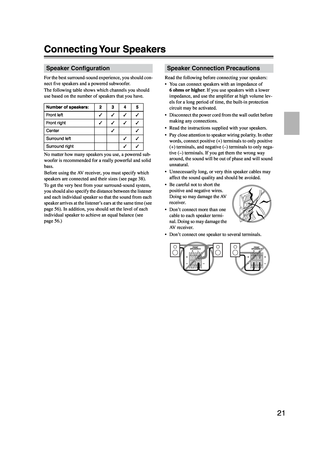 Onkyo HT-S4100 instruction manual Connecting Your Speakers, Speaker Conﬁguration, Speaker Connection Precautions 