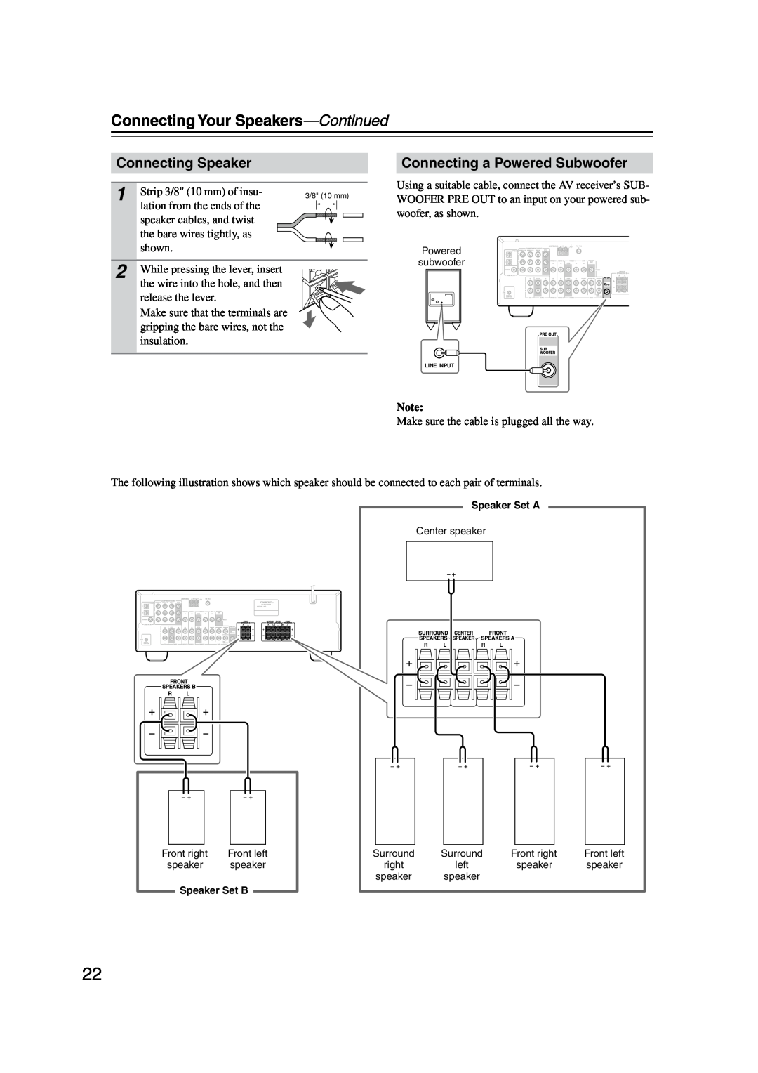 Onkyo HT-S4100 instruction manual Connecting Your Speakers-Continued, Connecting Speaker, Connecting a Powered Subwoofer 