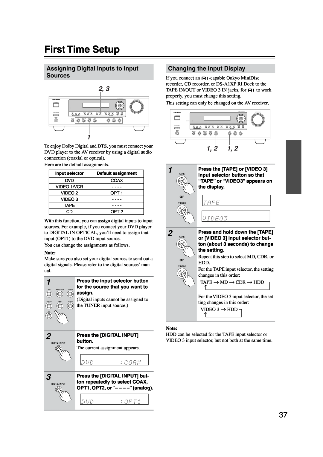 Onkyo HT-S4100 instruction manual First Time Setup, TUNER Digital inputs cannot be assigned to, the TUNER input source 