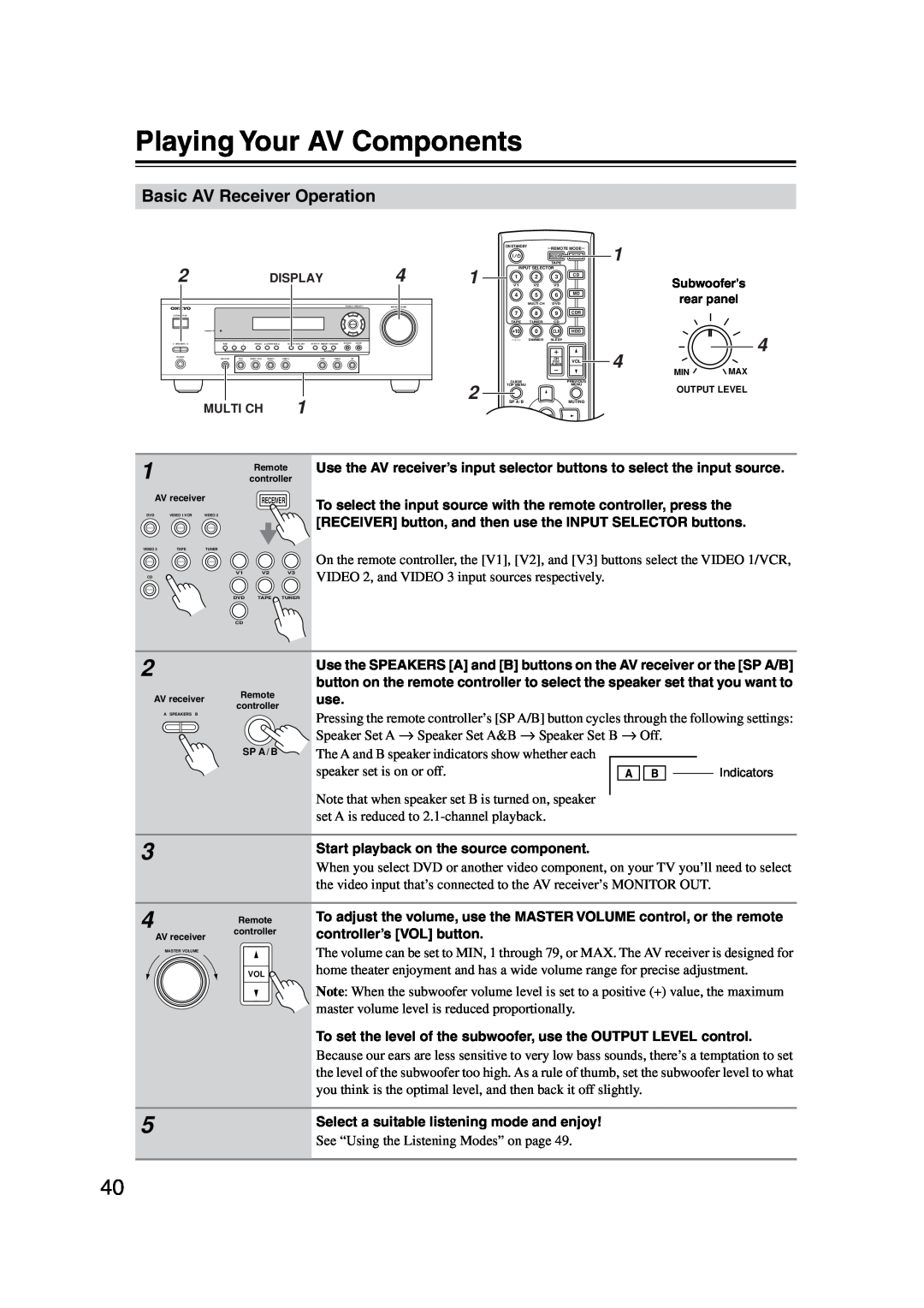 Onkyo HT-S4100 instruction manual Playing Your AV Components, Basic AV Receiver Operation 