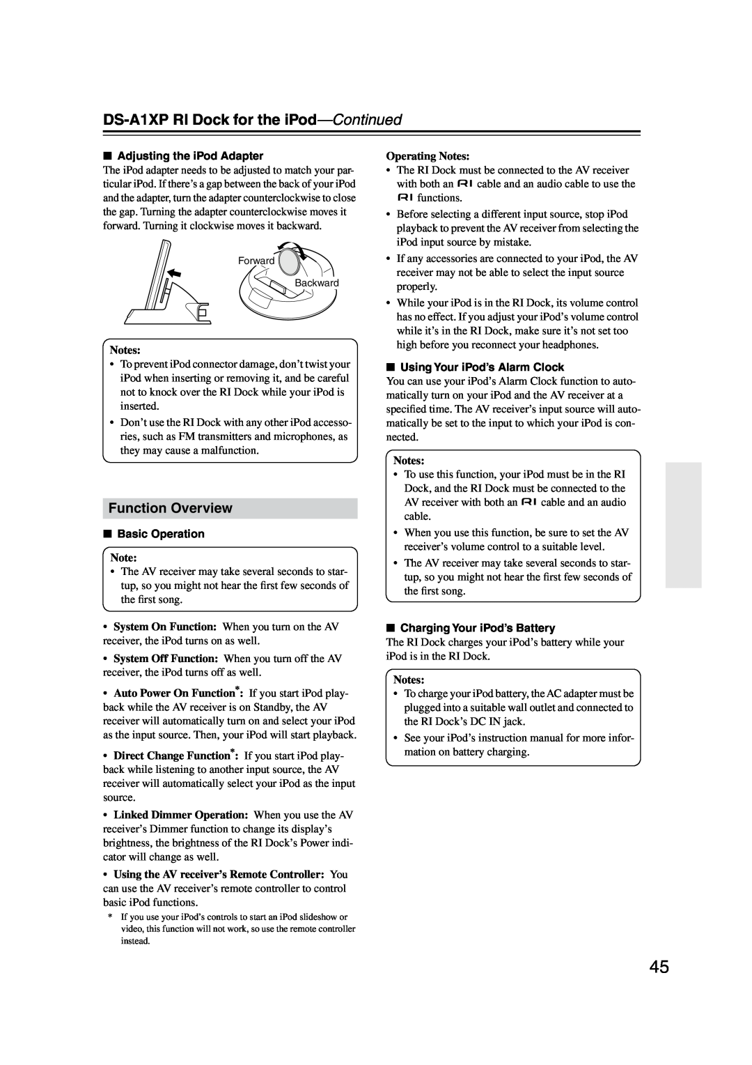 Onkyo HT-S4100 instruction manual DS-A1XPRI Dock for the iPod-Continued, Operating Notes 