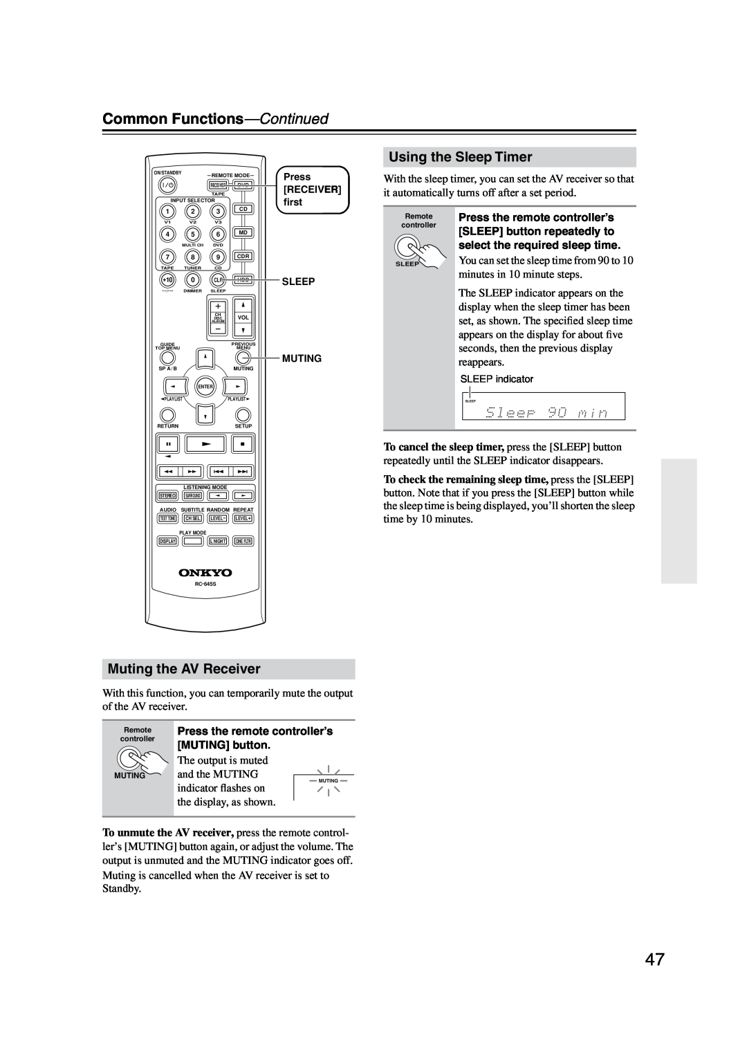 Onkyo HT-S4100 instruction manual Common Functions-Continued, Using the Sleep Timer, Muting the AV Receiver 