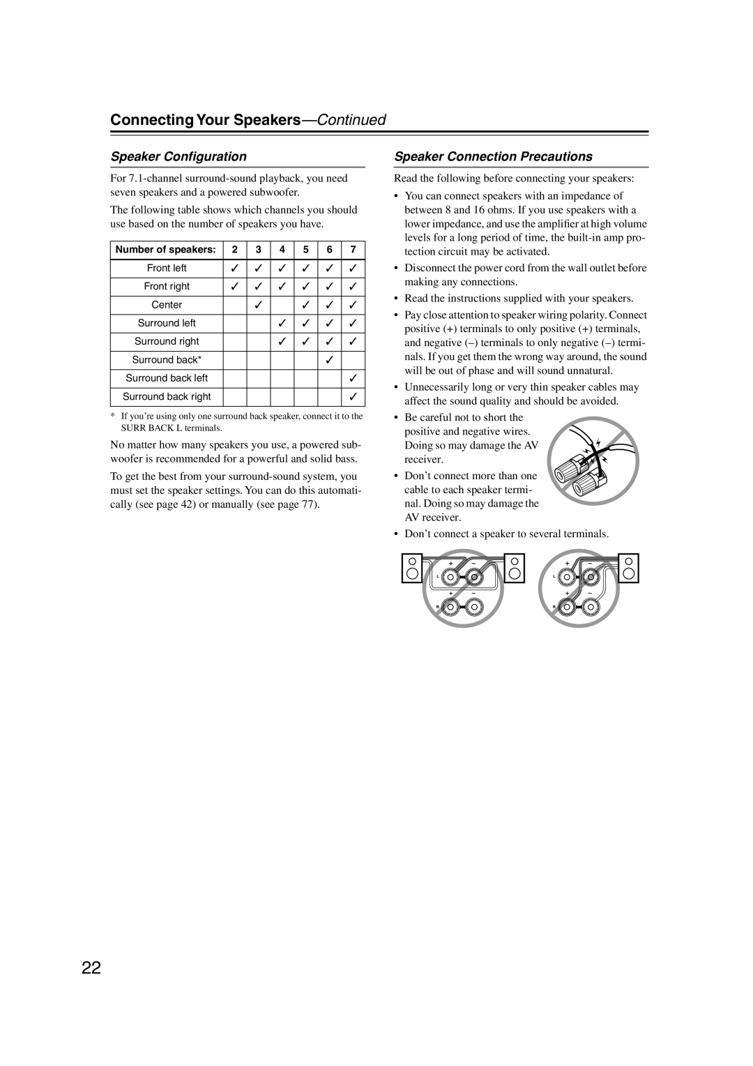 Onkyo HT-S5100 instruction manual Connecting Your Speakers, Speaker Conﬁguration, Speaker Connection Precautions 