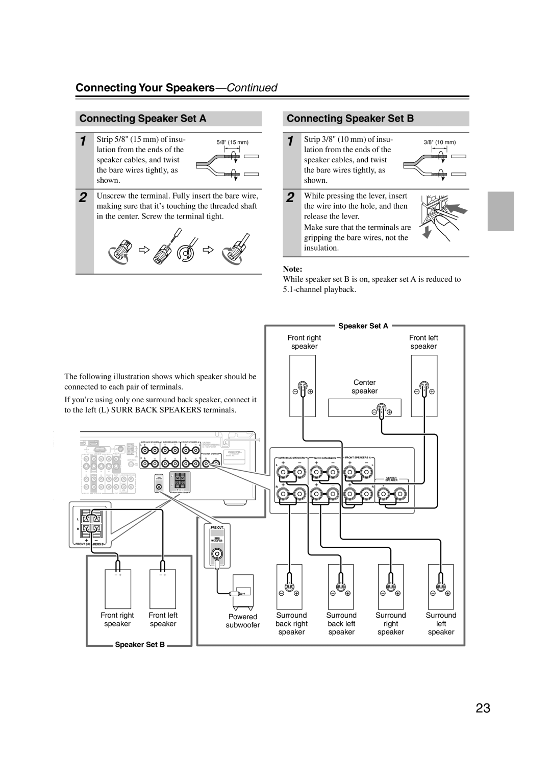 Onkyo HT-S5100 instruction manual Connecting Speaker Set a, Connecting Speaker Set B 