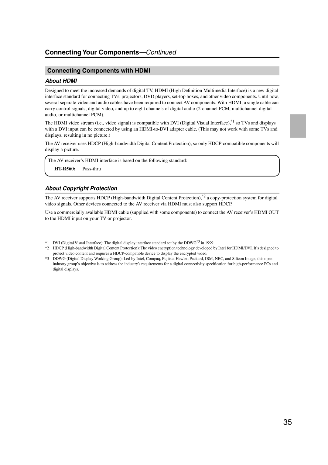 Onkyo HT-S5100 Connecting Components with Hdmi, About Hdmi, About Copyright Protection, HT-R560 Pass-thru 