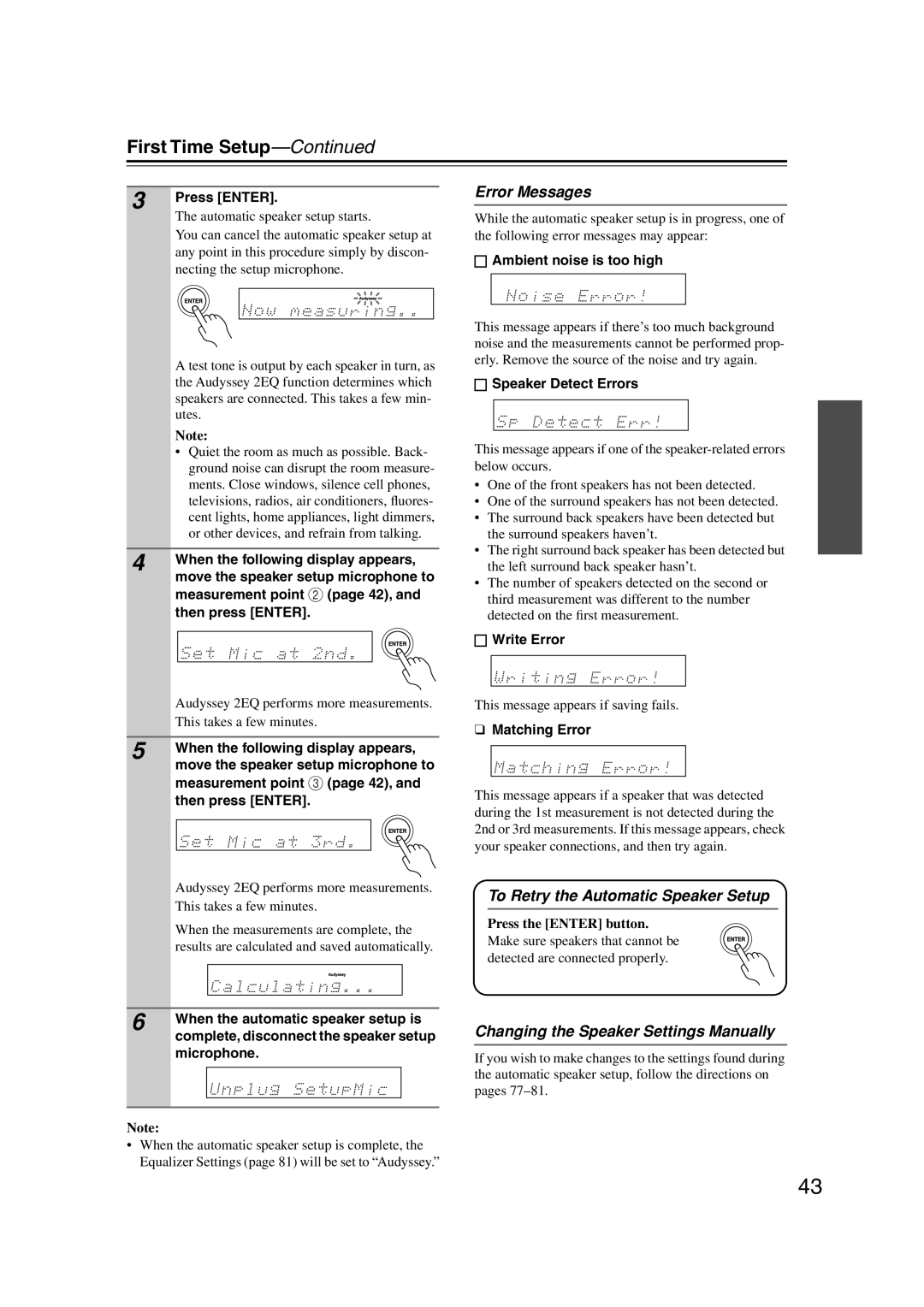 Onkyo HT-S5100 instruction manual First Time Setup, Error Messages, To Retry the Automatic Speaker Setup 