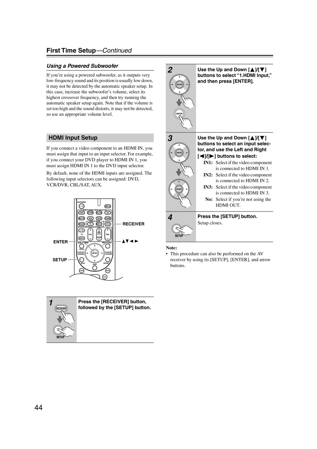 Onkyo HT-S5100 instruction manual Hdmi Input Setup, Using a Powered Subwoofer 