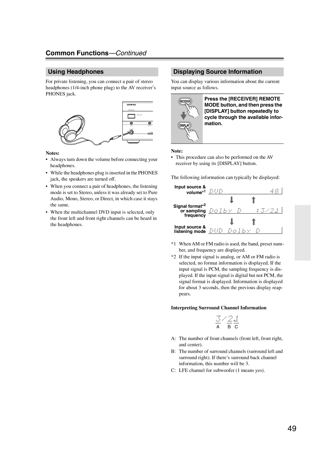 Onkyo HT-S5100 instruction manual Common Functions, 7Using Headphones, Displaying Source Information 