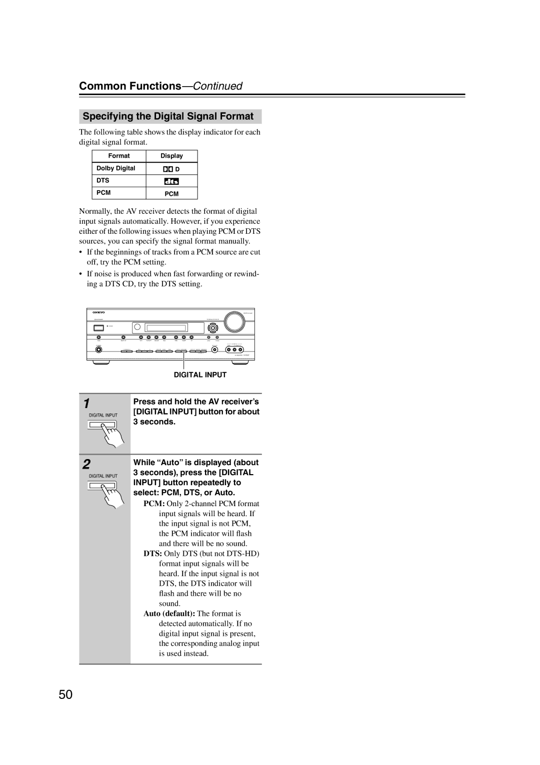 Onkyo HT-S5100 Specifying the Digital Signal Format, Press and hold the AV receiver’s, Digital Input button for about 