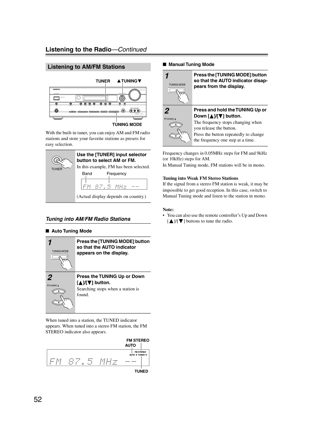 Onkyo HT-S5100 instruction manual Listening to the Radio, Listening to AM/FM Stations, Tuning into AM/FM Radio Stations 