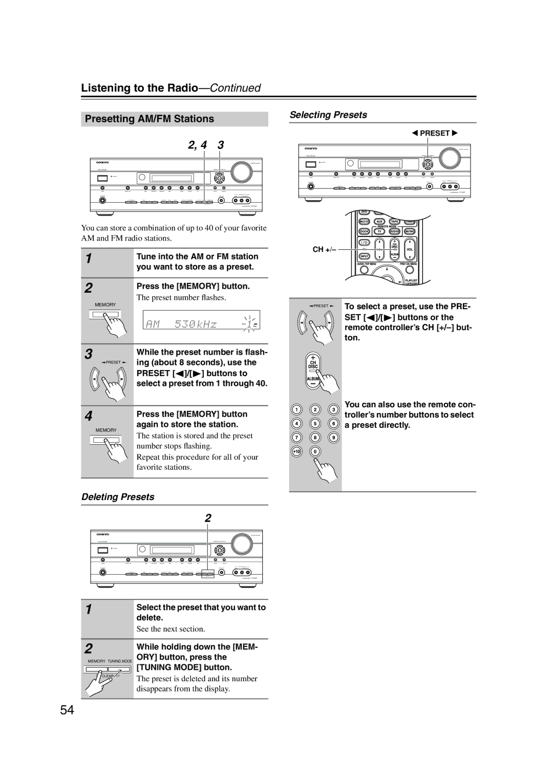 Onkyo HT-S5100 instruction manual Presetting AM/FM Stations, Selecting Presets, Deleting Presets 