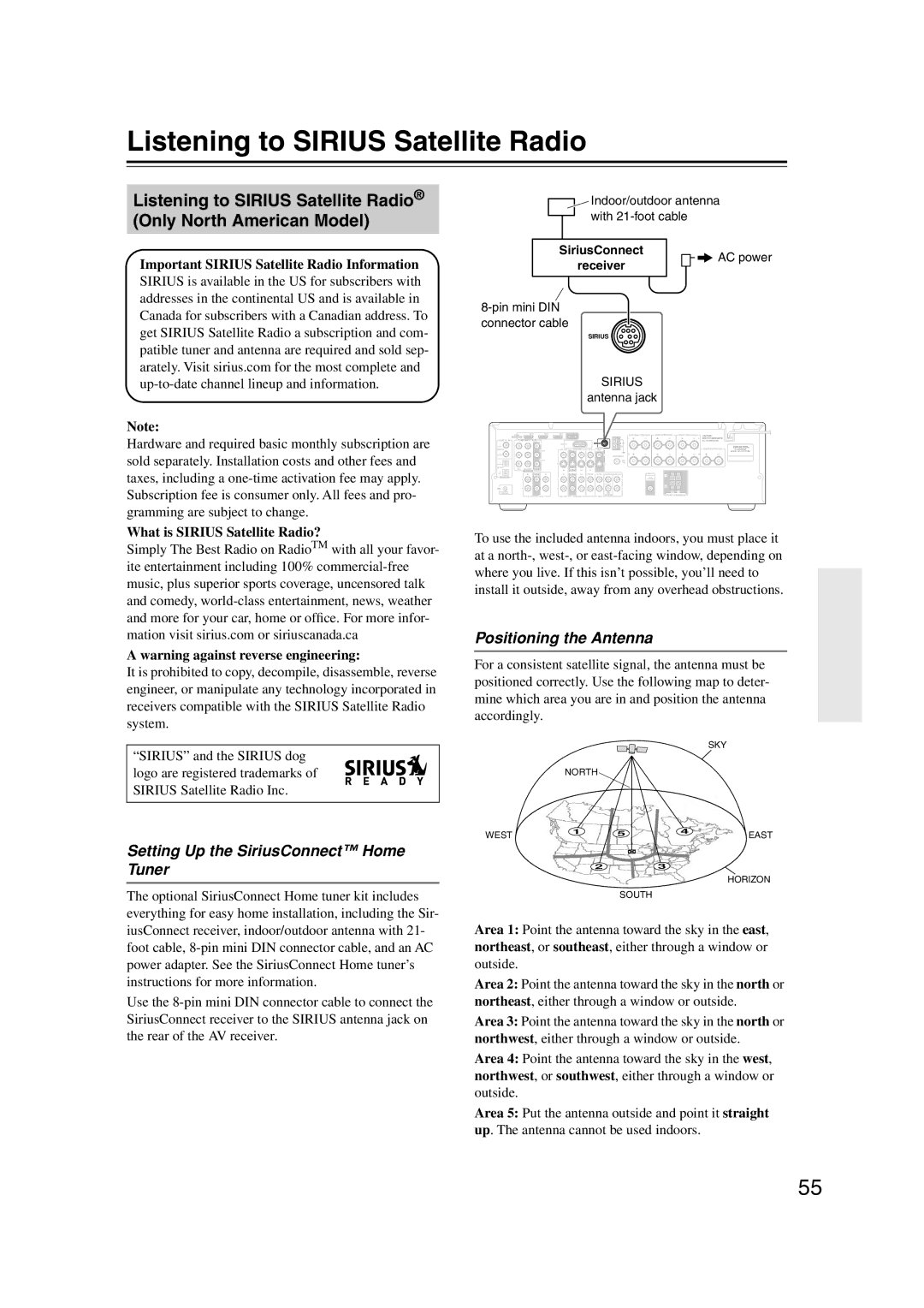 Onkyo HT-S5100 Listening to Sirius Satellite Radio, Setting Up the SiriusConnect Home Tuner, Positioning the Antenna 