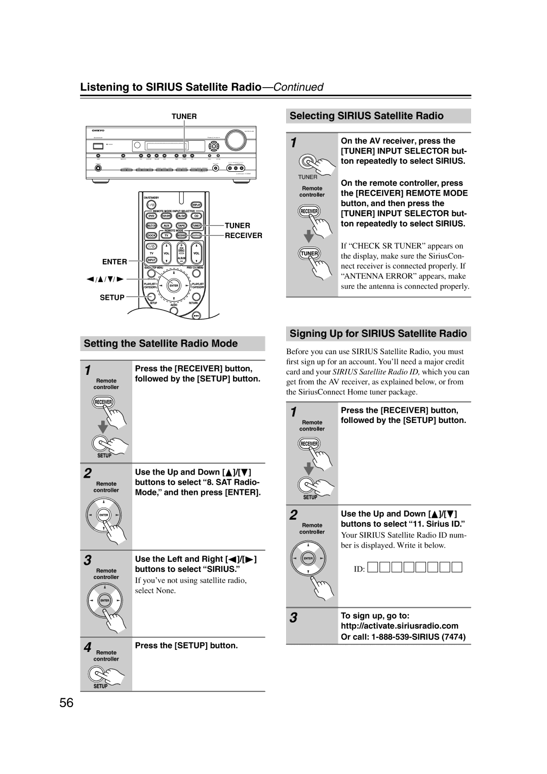 Onkyo HT-S5100 Listening to Sirius Satellite Radio, Selecting Sirius Satellite Radio, Setting the Satellite Radio Mode 