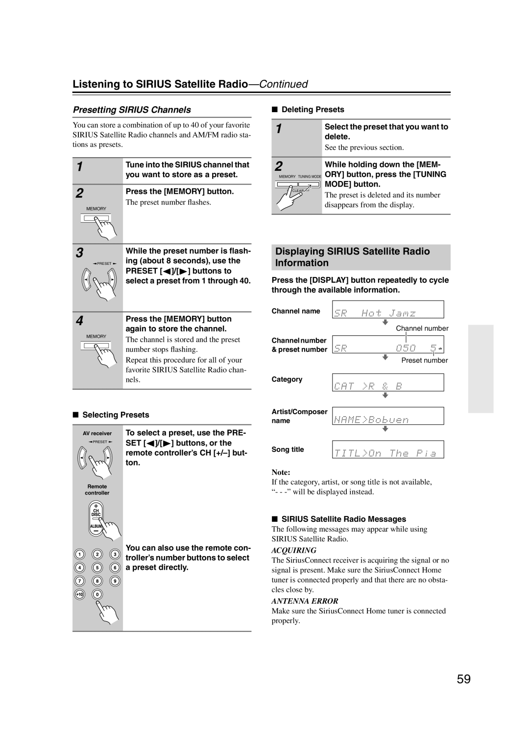 Onkyo HT-S5100 instruction manual Displaying Sirius Satellite Radio Information, Presetting Sirius Channels 