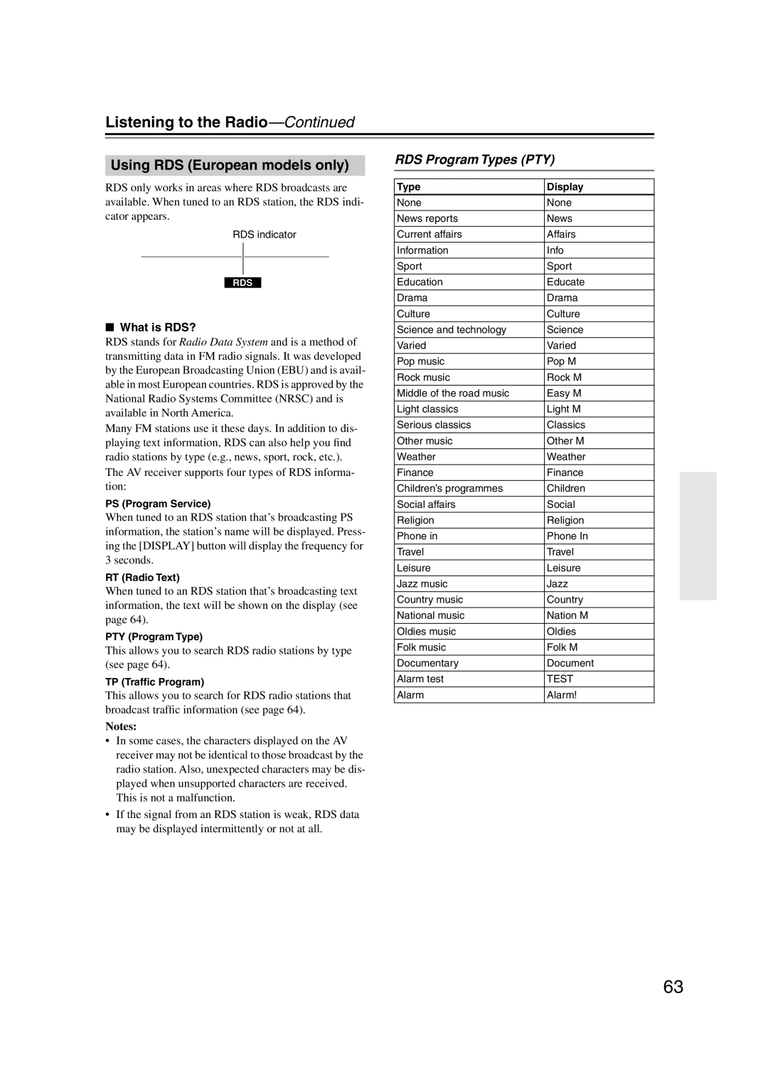 Onkyo HT-S5100 instruction manual Using RDS European models only, RDS Program Types PTY, What is RDS? 