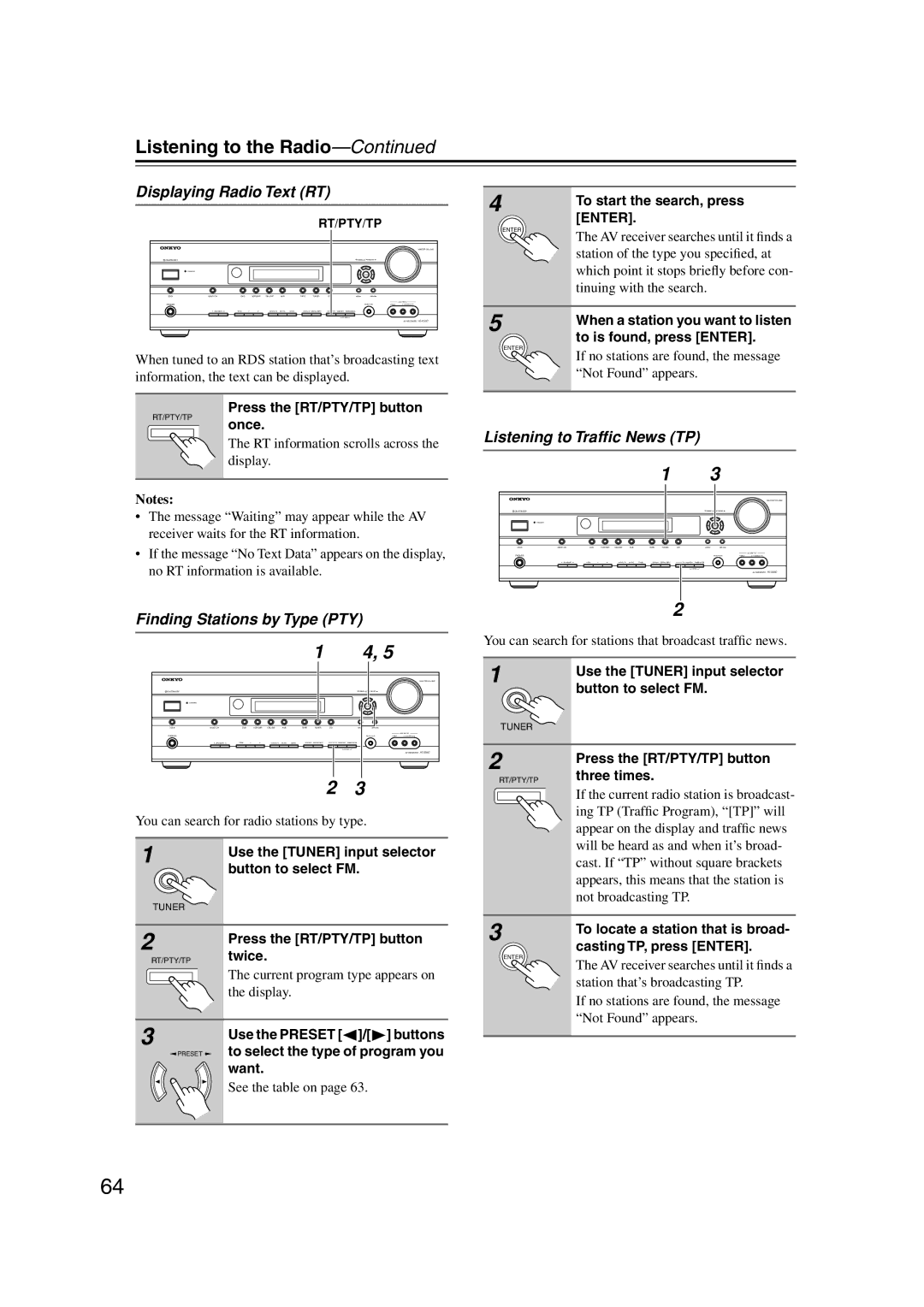 Onkyo HT-S5100 instruction manual Displaying Radio Text RT, Listening to Trafﬁc News TP, Finding Stations by Type PTY 