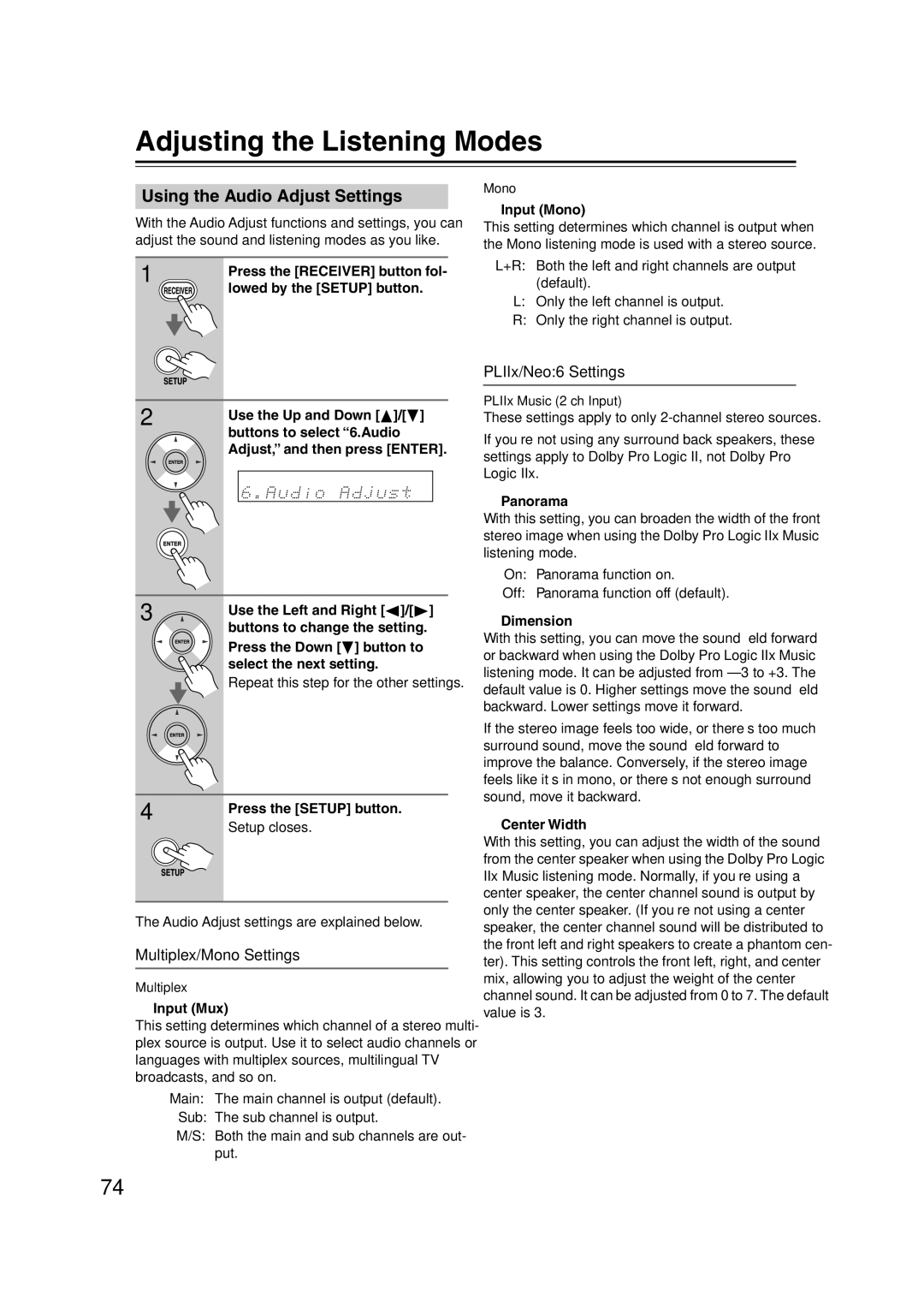 Onkyo HT-S5100 instruction manual Adjusting the Listening Modes, Using the Audio Adjust Settings, Multiplex/Mono Settings 