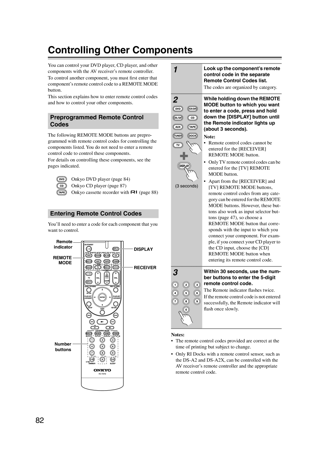 Onkyo HT-S5100 Controlling Other Components, Preprogrammed Remote Control Codes, Entering Remote Control Codes 