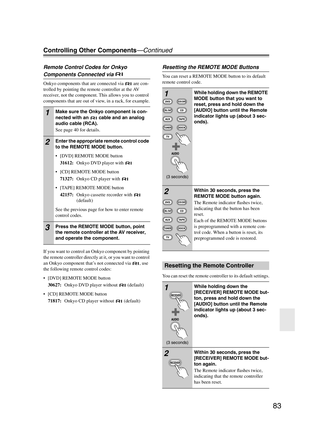 Onkyo HT-S5100 Controlling Other Components, Resetting the Remote Controller, Resetting the Remote Mode Buttons 