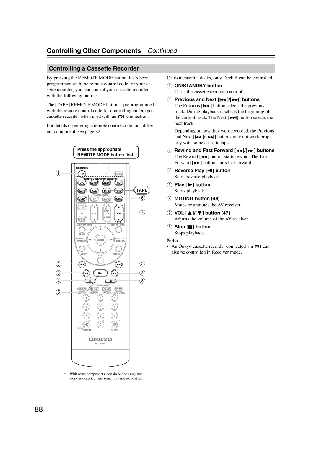 Onkyo HT-S5100 Controlling a Cassette Recorder, Previous and Next / buttons, Rewind and Fast Forward / buttons 