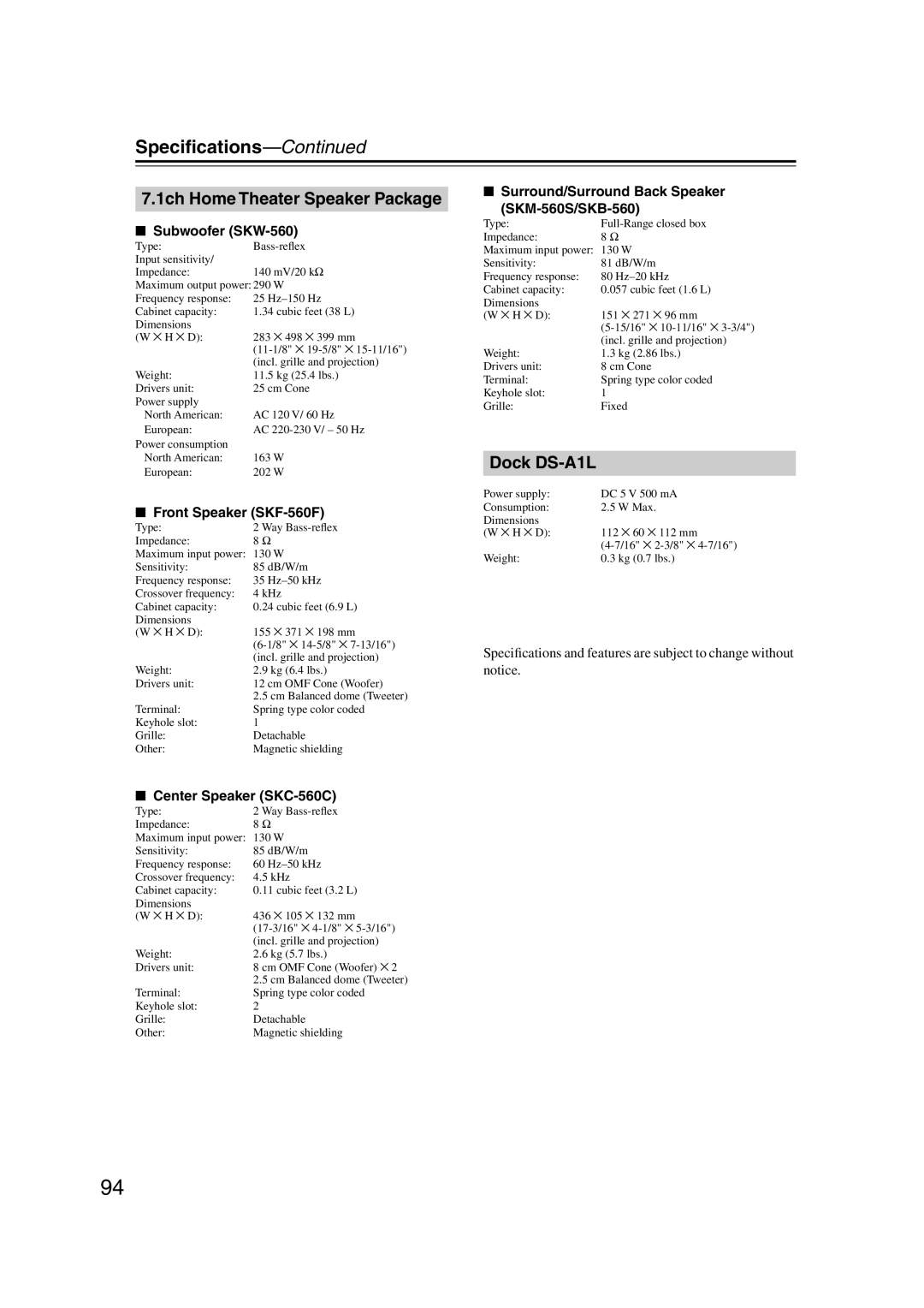 Onkyo HT-S5100 instruction manual Speciﬁcations, 1ch Home Theater Speaker Package 