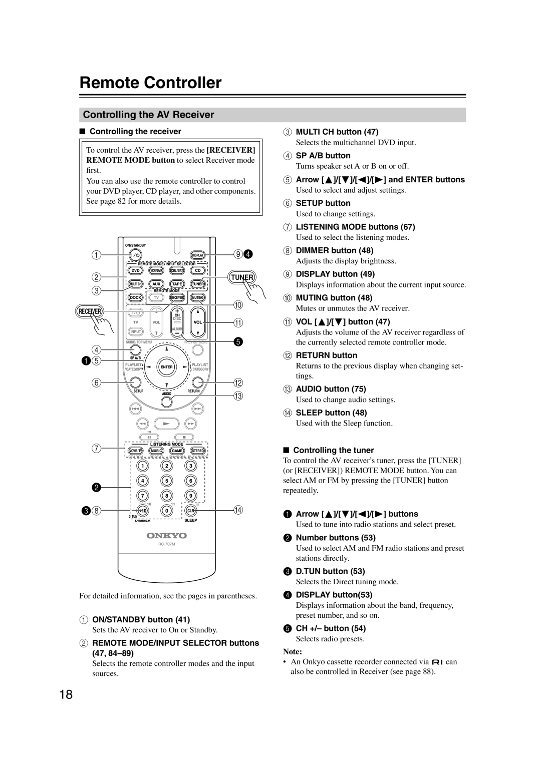 Onkyo HT-S5100 instruction manual Remote Controller, Controlling the AV Receiver, 2 38 