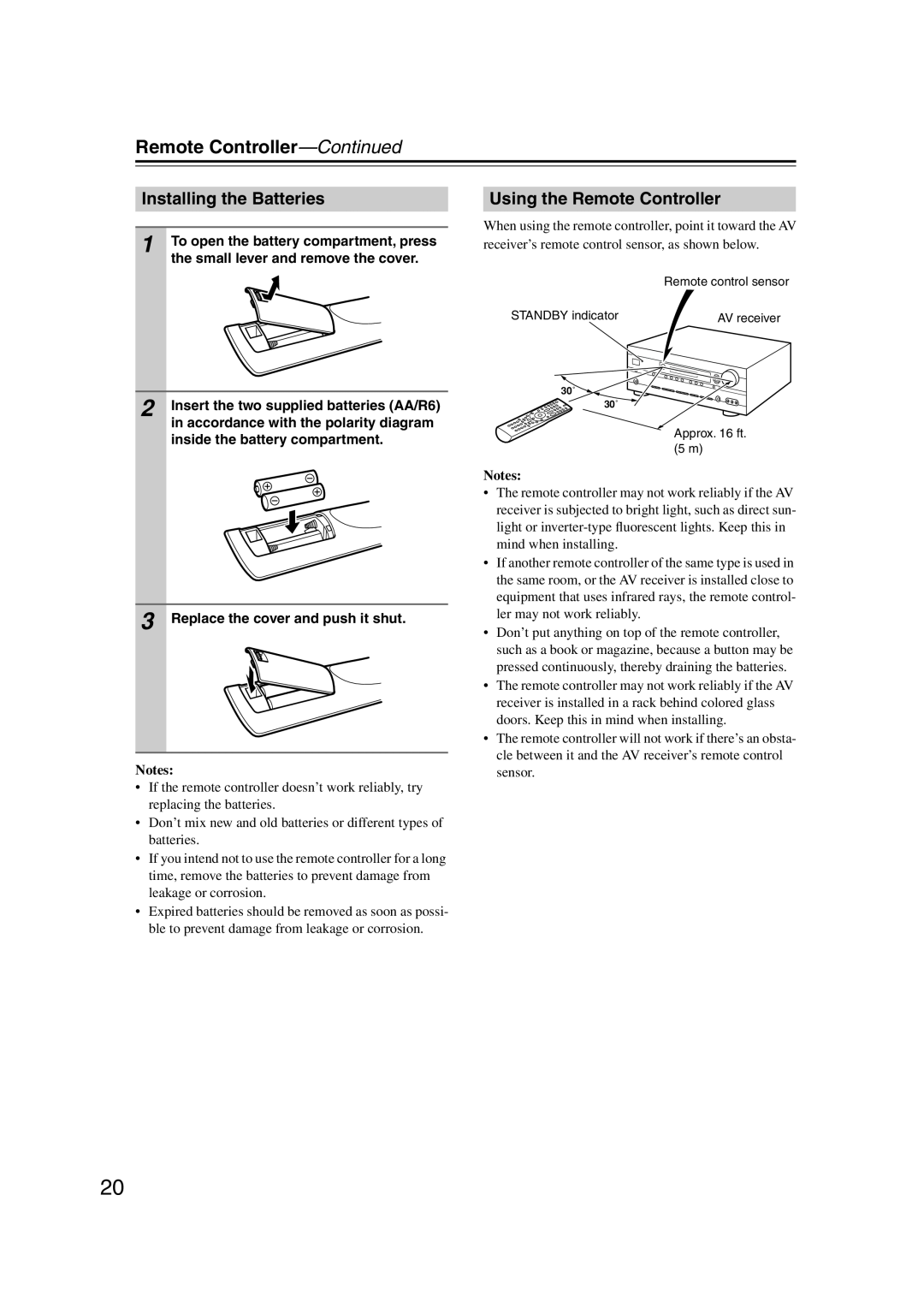 Onkyo HT-S5100 instruction manual Installing the Batteries, Using the Remote Controller, Remote Controller—Continued, Notes 