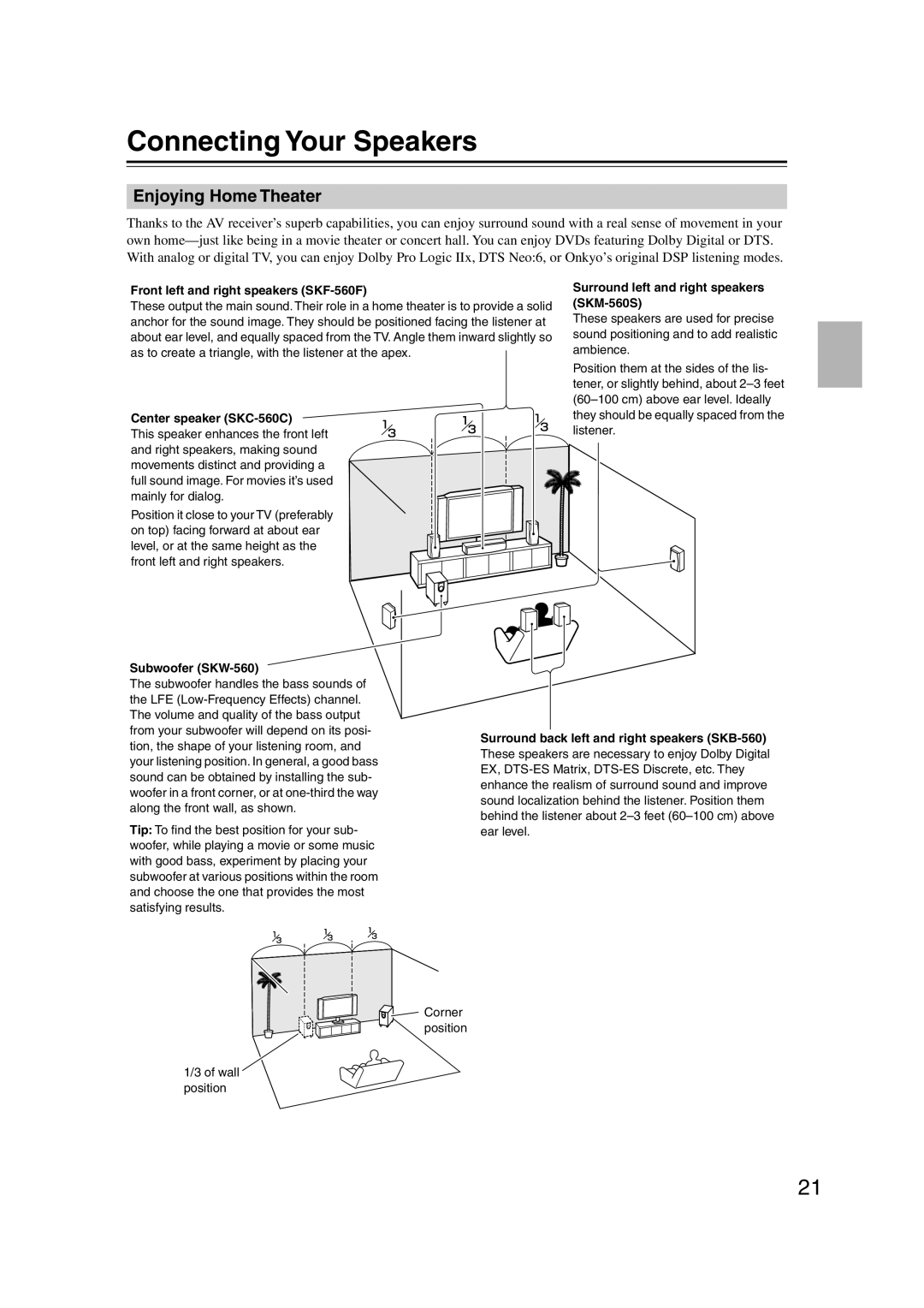 Onkyo HT-S5100 instruction manual Connecting Your Speakers, Enjoying Home Theater 
