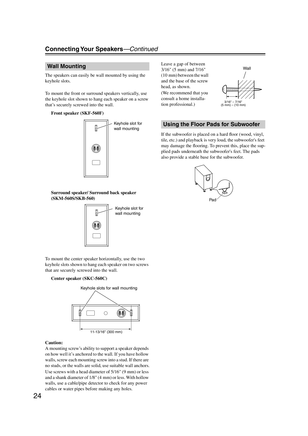Onkyo HT-S5100 instruction manual Wall Mounting, Using the Floor Pads for Subwoofer, Connecting Your Speakers—Continued 