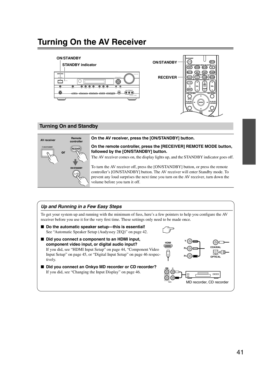 Onkyo HT-S5100 instruction manual Turning On the AV Receiver, Turning On and Standby, Up and Running in a Few Easy Steps 