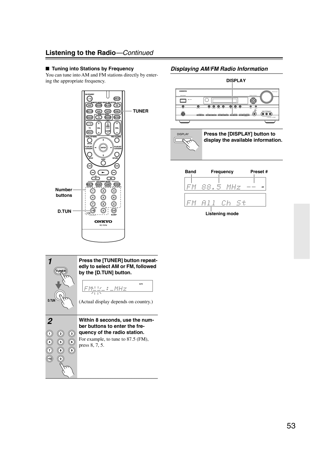Onkyo HT-S5100 instruction manual Displaying AM/FM Radio Information, Listening to the Radio—Continued 