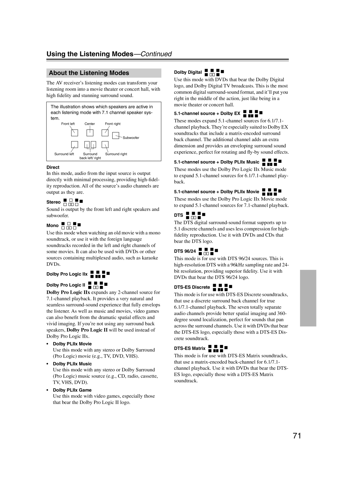 Onkyo HT-S5100 instruction manual About the Listening Modes, Using the Listening Modes—Continued 