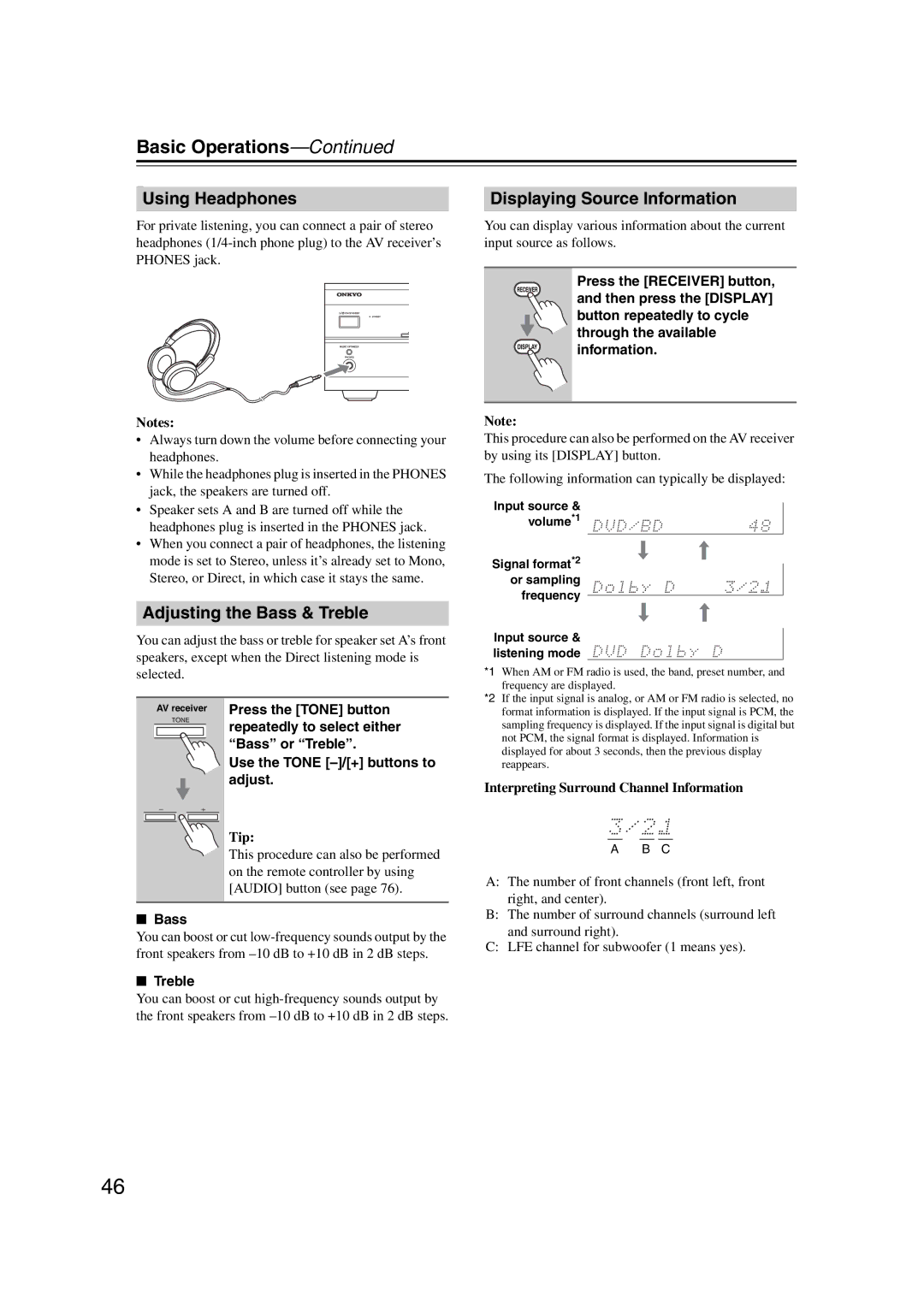 Onkyo HT-S5200 instruction manual 7Using Headphones Displaying Source Information, Adjusting the Bass & Treble 