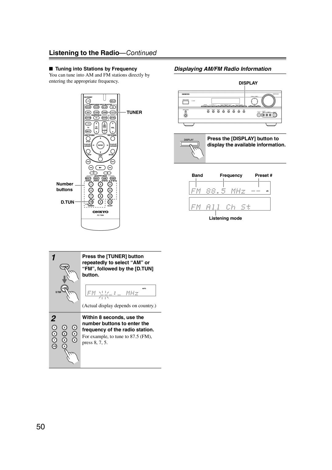 Onkyo HT-S5200 instruction manual Displaying AM/FM Radio Information 