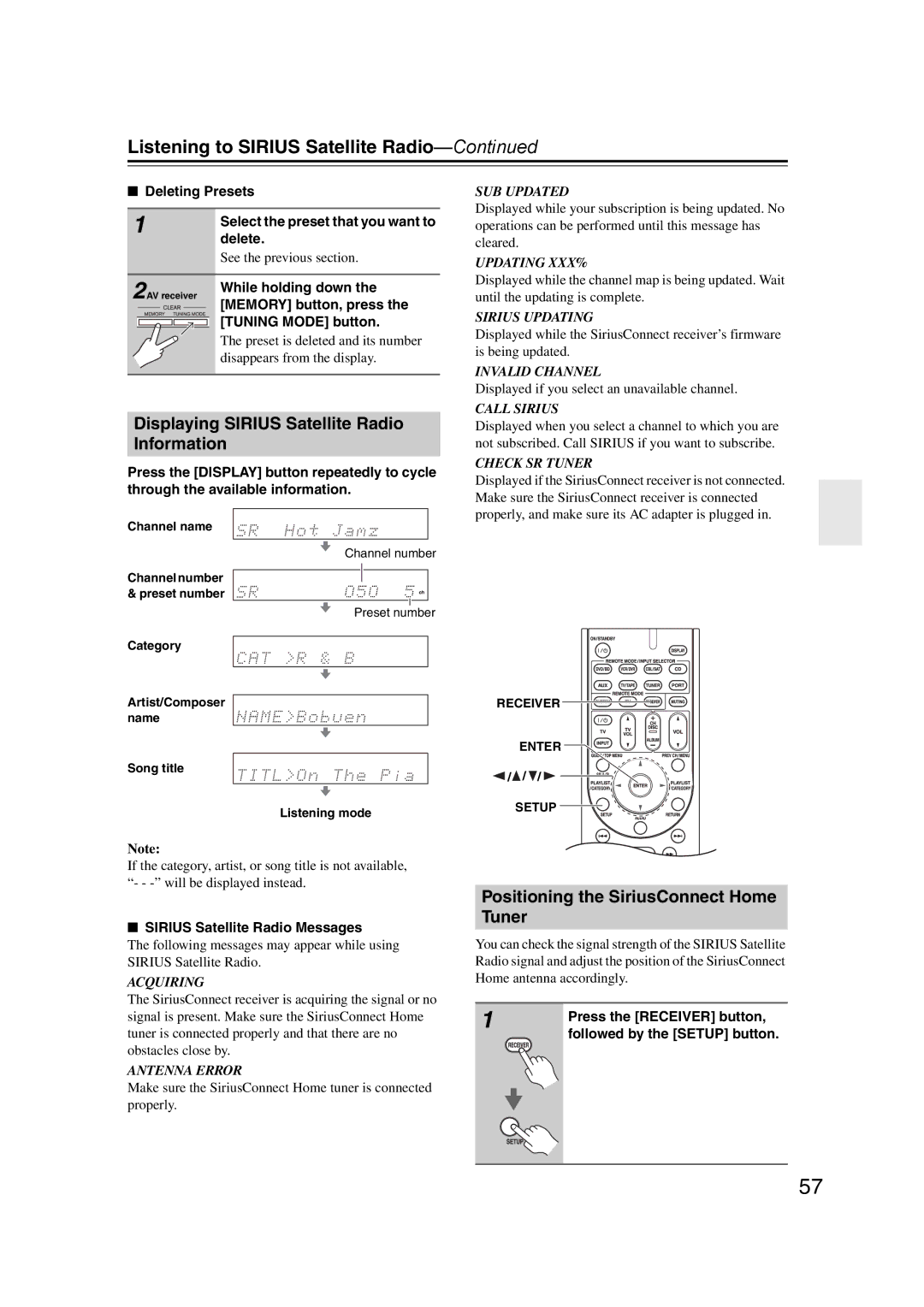 Onkyo HT-S5200 Displaying Sirius Satellite Radio Information, Positioning the SiriusConnect Home Tuner, Deleting Presets 