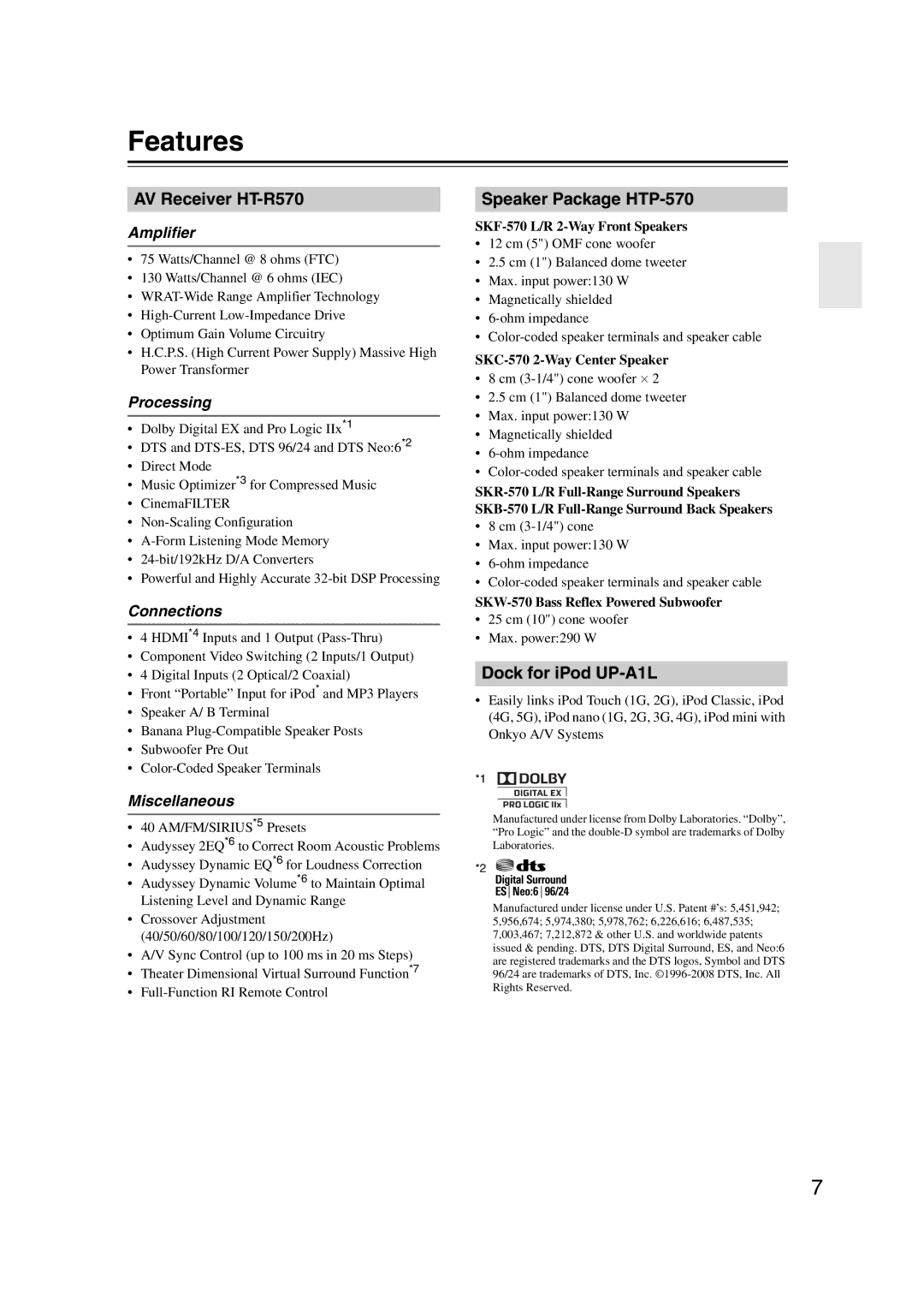 Onkyo HT-S5200 instruction manual Features, Amplifier, Processing, Connections, Miscellaneous 