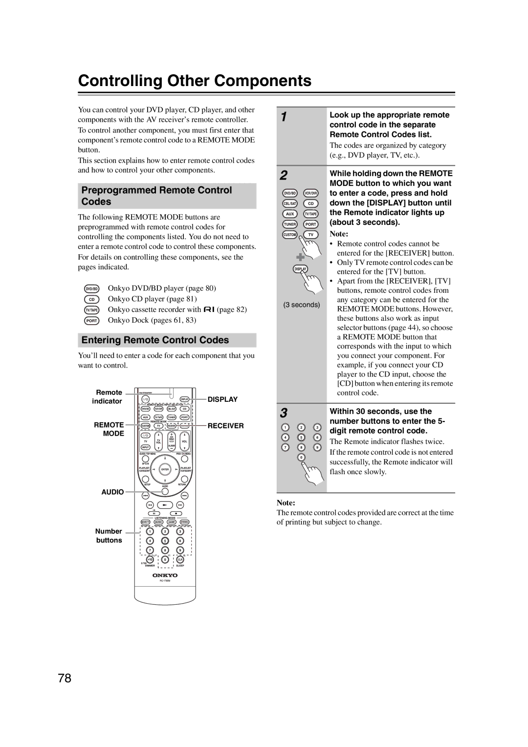 Onkyo HT-S5200 Controlling Other Components, Preprogrammed Remote Control Codes, Entering Remote Control Codes 