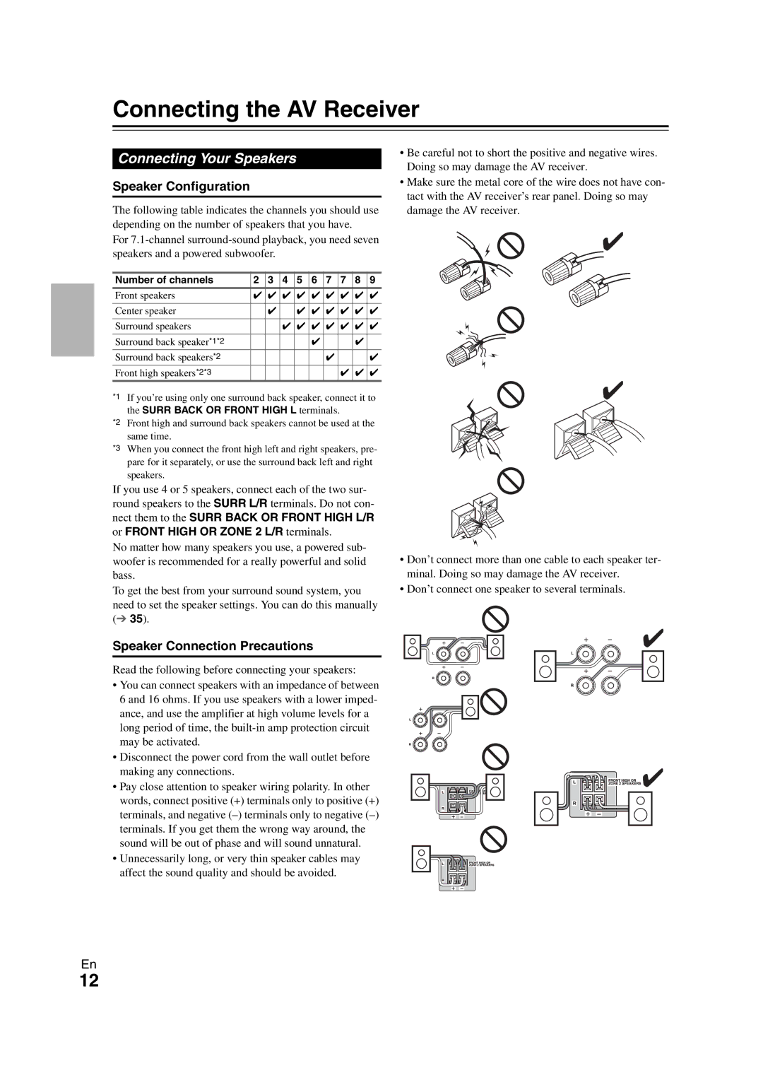 Onkyo HT-S5300 Connecting the AV Receiver, Connecting Your Speakers, Speaker Configuration, Speaker Connection Precautions 