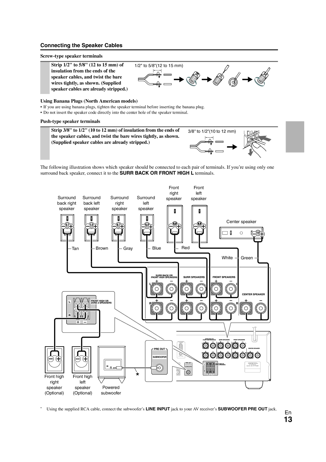 Onkyo HT-S5300 Connecting the Speaker Cables, Screw-type speaker terminals Strip 1/2 to 5/8 12 to 15 mm, To 5/812 to 15 mm 