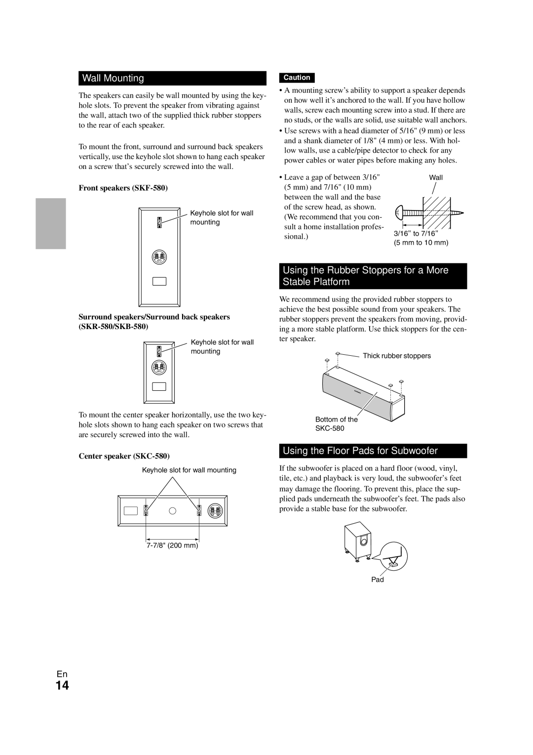 Onkyo HT-S5300 Wall Mounting, Using the Rubber Stoppers for a More Stable Platform, Using the Floor Pads for Subwoofer 