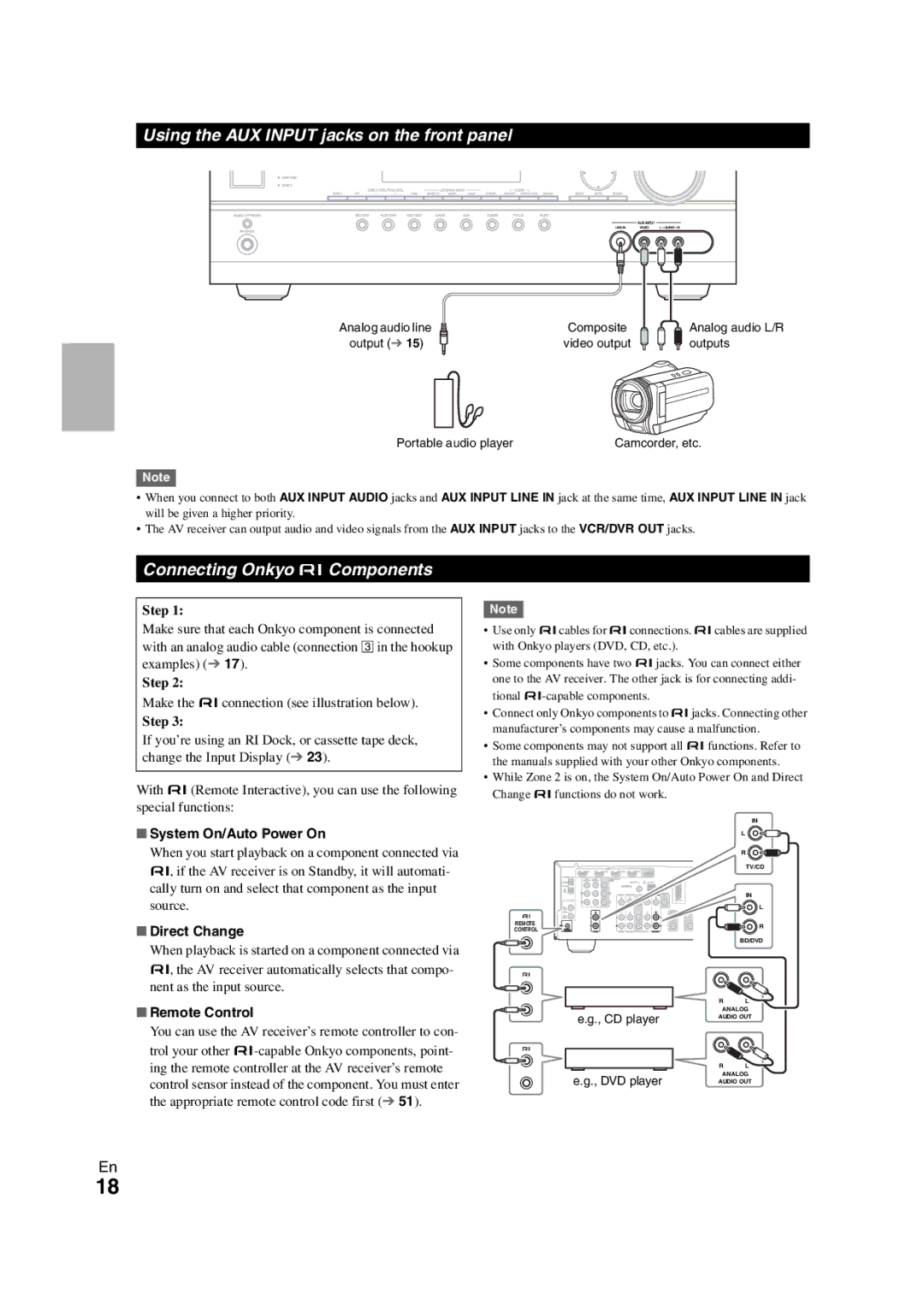 Onkyo HT-S5300 Using the AUX Input jacks on the front panel, Connecting Onkyo uComponents, System On/Auto Power On 